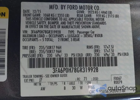 2016 Ford Fusion Se из США, поврежденный, VIN 3FA6P0H78GR319928